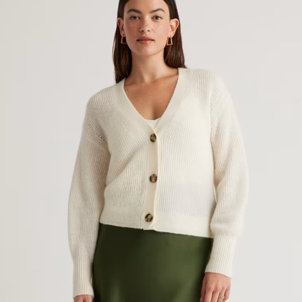 Quince Ivory Baby Alpaca-Wool Cropped Cardigan Medium